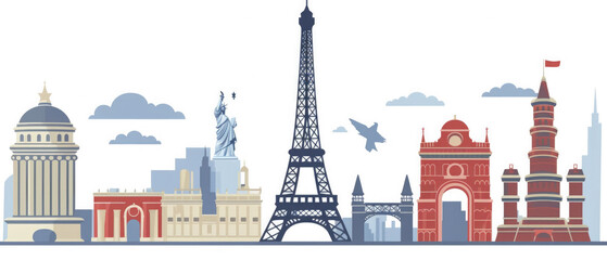 France Famous Landmarks Skyline Silhouette Style, Colorful, Cityscape, Travel and Tourist Attraction