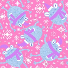 Christmas animals seamless frogs and Santa hat pattern for wrapping paper and fabrics and linens and kids