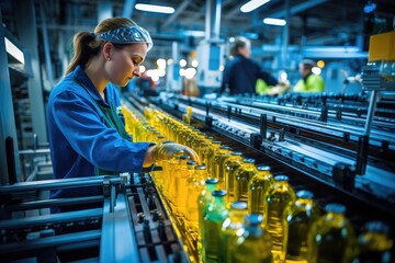 Process of beverage manufacturing on a conveyor belt at a factory.
