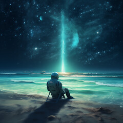 astronaut watching the night sky at the alien planet beach