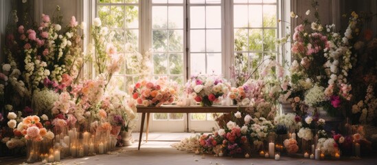 Fototapeta na wymiar In the vintage garden, adorned with white and pink floral arrangements, the designer captured the natural beauty of the colorful flowers in the summer and spring, creating a stunning display that