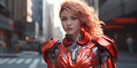 a woman in red armor on the street, in the style of hyper-realistic sci-fi, generative AI