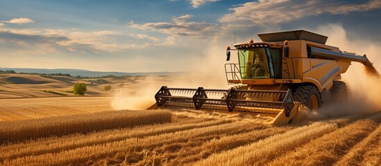 In the scenic region of Calvados, France, a captivating photo captures the vibrant motion of a combine harvester in the midst of the day's bountiful wheat harvest, showcasing the beautiful outdoors