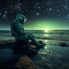 Fototapeta premium astronaut watching the night sky at the alien planet beach