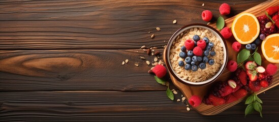 In the morning, John prepared a healthy breakfast made of organic oatmeal, muesli, and granola, topped with a variety of nutritious fruits and a handful of dry raisins for an added sweetness.