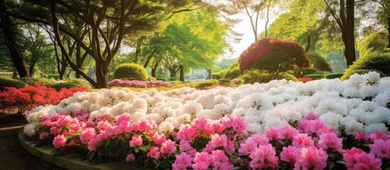 In the vibrant summer garden, a white floral masterpiece bloomed amidst a sea of colorful flowers, its pink petals a testament to nature's beauty. It stood tall, surrounded by lush green leaves