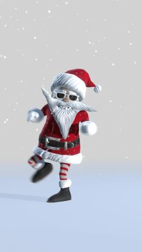 Christmas party. Cheerful Santa Claus is dancing on winter snowy background. Animated greeting card. Winter holiday background.