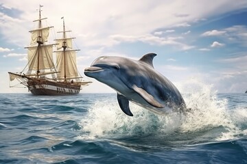 Fototapeta premium Dolphin swim in the blue sea in a picturesque place