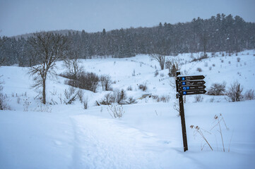 Cross-country skiing, snowshoeing and hiking trail in the Gatineau Park during snow storm, path in...