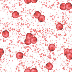 Watercolor painted red berries seamless pattern, holly berry or cranberries with watercolor stains, splashes Christmas, New year illustration wrapping paper, wallpaper. Isolated on white background. 