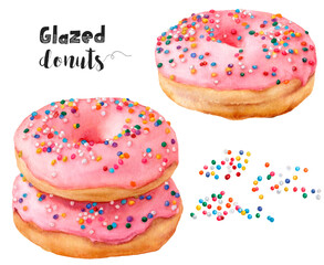 Watercolor illustration of pink glazed donuts dessert close up. Design template for packaging, menu, postcards.