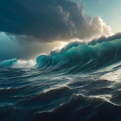 Fototapeta premium Gigantic blue tsunami waves on the ocean surface. Dark stormy sky. 