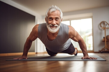 A joyful senior man elevates his mood and health through exercises at home, his smile reflecting the sense of accomplishment and vitality he gains from each movement.