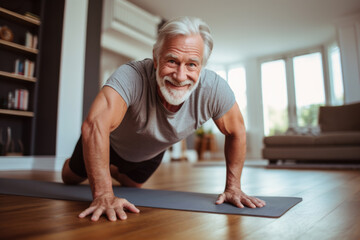 Detailed close-up captures the infectious smile of a senior man embracing the benefits of staying fit at home, his exercise routine a testament to his well-being.