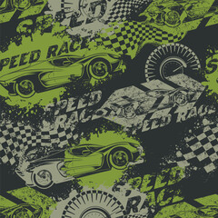 Speed race seamless cars pattern on grunge textured background with chequered flag, shabby, spray paint ink. Street art style wheel auto repeated backdrop. Red and blue sport car © Kseniia Koval