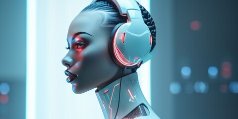 artificial personage head sculpture with headset on her face, in the style of futuristic robots, generative AI - obrazy, fototapety, plakaty
