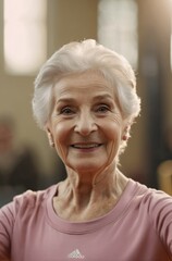 Fototapeta na wymiar Radiant elderly woman in sportswear with a warm smile, indoors. 