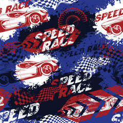 Speed race seamless cars pattern on grunge textured background with chequered flag, shabby, spray paint ink. Street art style wheel auto repeated backdrop. Red and blue sport car