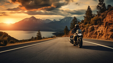 A motorcycle / motorcyclist riding down a scenic curvy road
