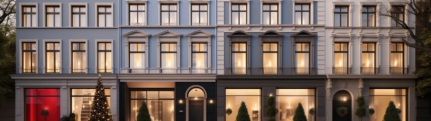 Fototapeta premium Nighttime Cityscape with Colorful Townhouses and Festive Christmas Decorations