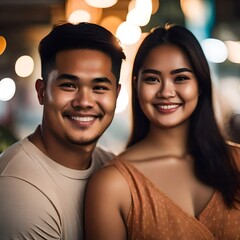 headshot photo of a 20 year old happy smiling filipino man and woman couple, looking into the camera, - obrazy, fototapety, plakaty