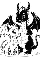 Fototapeta premium Black-and-white illustration of two fantasy dragons, one white and one black, perfect for coloring books.
