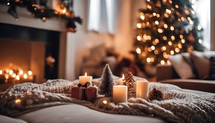 christmas decorated living room with decorated christmas tree, cozy blankets and pillows, fireplace warm lights, high detail