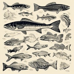 Stunning Artistic Representation of Fish Engraving - Dive into the Heart of Oceanic Style! Generative AI
