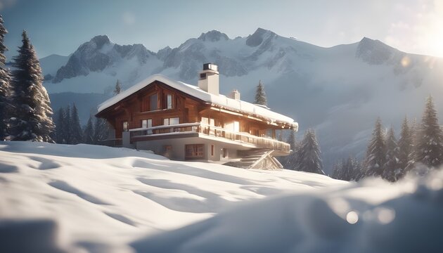 realistic image of a contemporary mountain retreat covered in fresh snow, with sunlight reflecting off the pristine white surface.