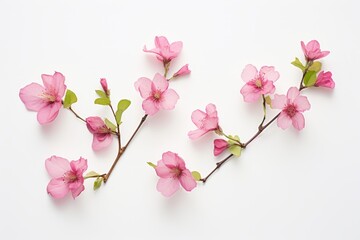 Delicate Quartet: A Close-up Capture of Four Small Pink Blooms Contrasting a Pure White Background Generative AI