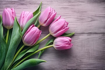 Captivating Charm: Pink Tulips Blooming against Rustic Wooden Backdrop Generative AI