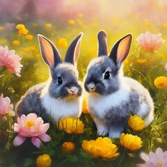 Two cute grey baby bunny rabbits in the garden, surrounded with flowers. Bright illustration in...