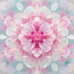 Beautiful pink peony flower mandala fractal background. Pastel watercolour. 