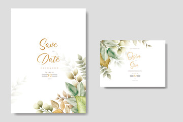  beautiful wedding card with green and golden leaves 