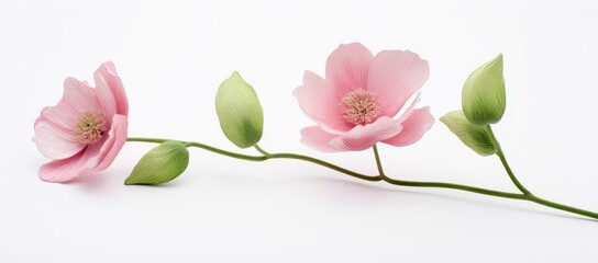 Unveiling the Delicate Beauty: Duo Pink Flowers on Pristine White Background Generative AI