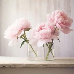 Captivating Beauty: Delicate Pink Peonies Adorning a Pristine White Wooden Table Generative AI