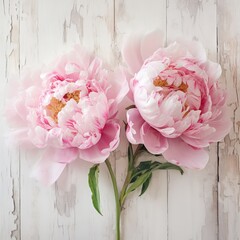 Unveiling Serenity: Twin Pink Peonies Blossoming on Pristine White Wood Generative AI
