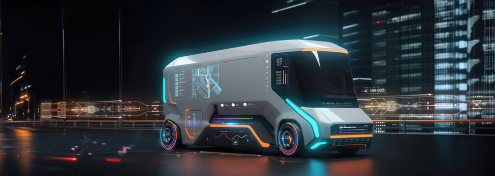 futuristic electric truck delivery driving in city highway with full self driving system activated for transportation autonomy concepts as wide banner hud datum with copy space area