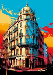 Naklejka premium Unveiling Barcelona's Architectural Magic: A Riot of Colors! Generative AI