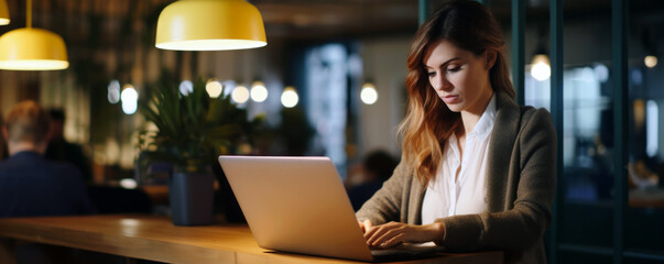 Young adult businesswoman working on laptop in corporate office space. Businesswoman working at night in an illuminated office.