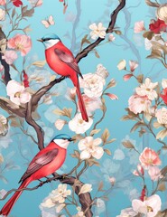 Exquisite Birds & Flowers Artwork on Vibrant Blue Background - Aesthetic Delight Generative AI