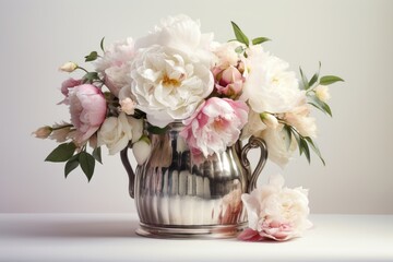 Obraz premium Exquisite Capture of Pink-White Peonies in Vintage Metal Vase - A Stunning Floral Symphony Generative AI