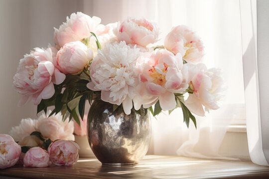 Stunning Capture of Pink and White Peonies in an Antique Metal Vase - Uncover the Artistic Beauty! Generative AI