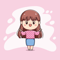 cute girl long hair with pink sweater peace sign chibi kawaii