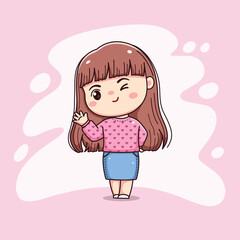 cute girl long hair with pink sweater greeting chibi kawaii