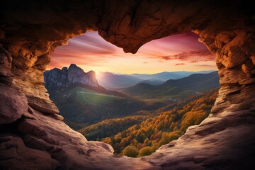 Heart-shaped cave and beautiful nature view. Background with selective focus and copy space