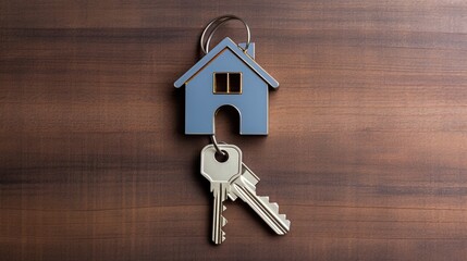 A key resembling a house on a keychain fitting into the door keyhole