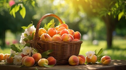 A fragrant bouquet of ripe peaches and apricots arranged in a basket, conveying the atmosphere of a