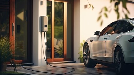 Electric car charging at home - obrazy, fototapety, plakaty