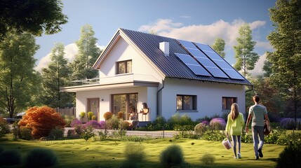 Fototapeta na wymiar Energy efficient home: family in new green housing
